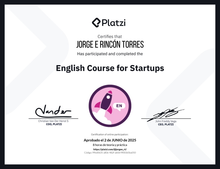 Diploma del Curso de Inglés para Startups