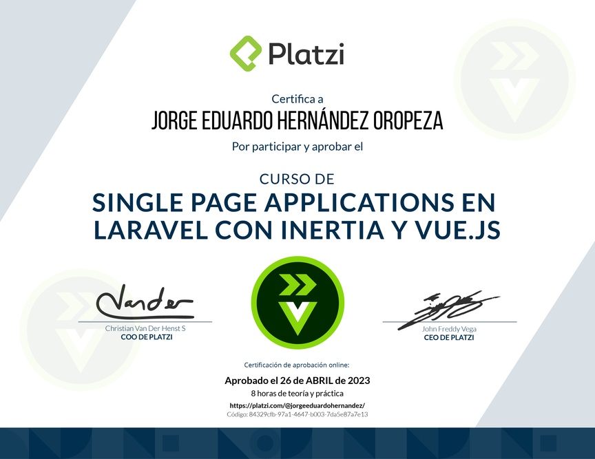 Diploma del Curso de Single Page Applications en Laravel con Inertia y Vue.js