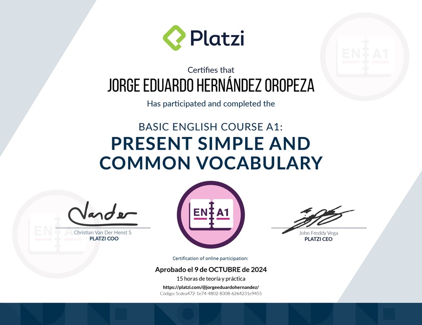 Diploma del Curso de Inglés Básico A1: Presente Simple y Vocabulario Común (2021)