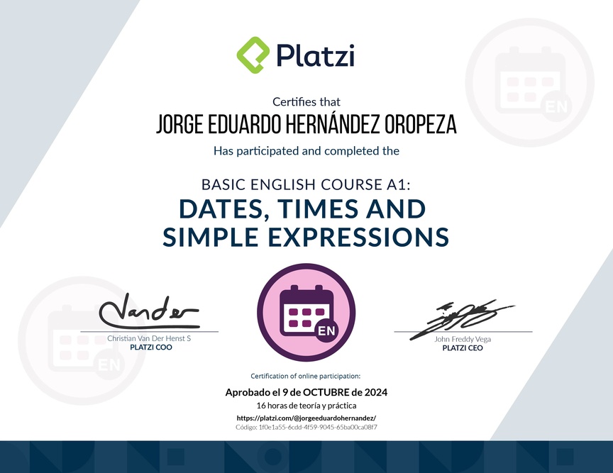 Diploma del Curso de Inglés Básico A1: Fechas, Horas y Expresiones Simples