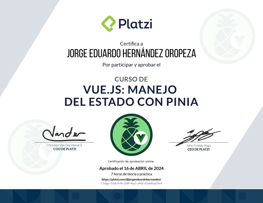 Diploma del Curso de Vue.js: Manejo del Estado con Pinia