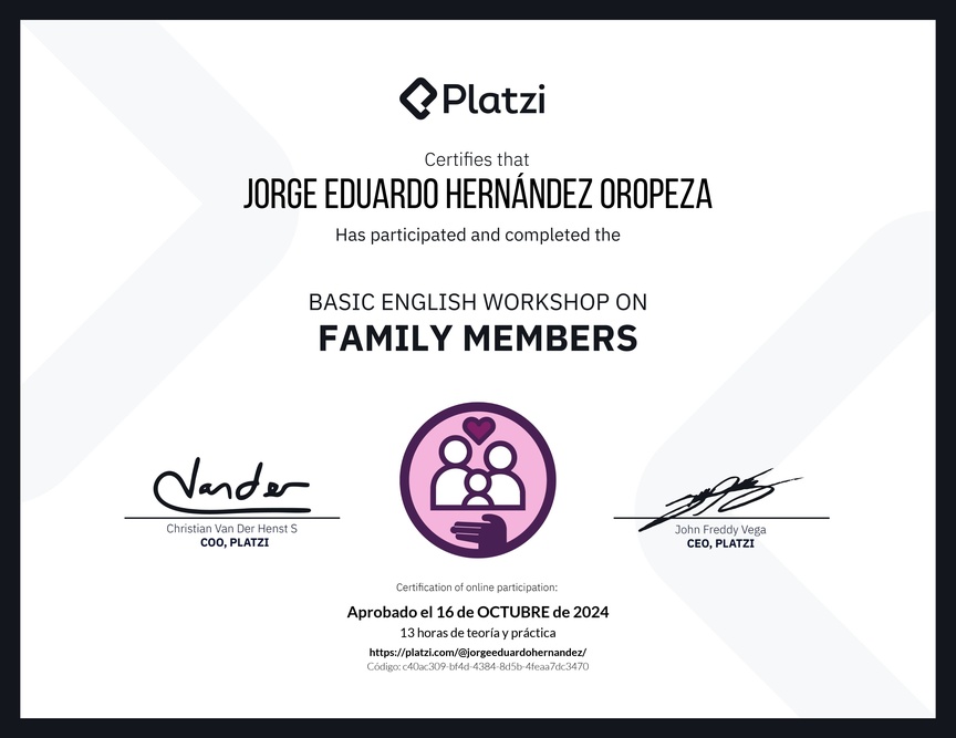 Diploma del Curso de Inglés Práctico sobre los Miembros de la Familia