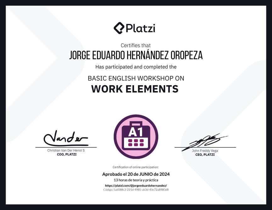 Diploma del Curso de Inglés Práctico sobre Elementos de Trabajo