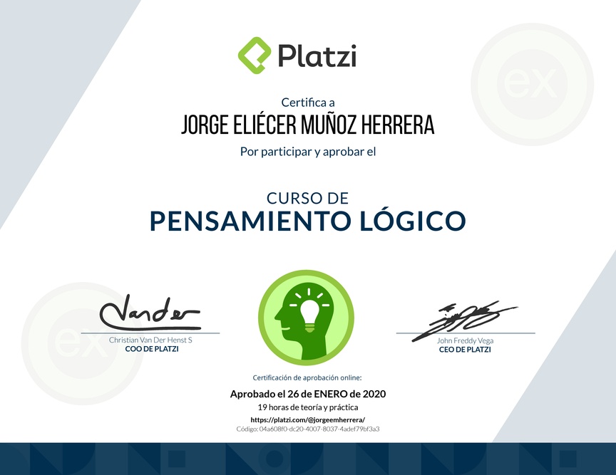 Diploma del Curso de Pensamiento Lógico 2018