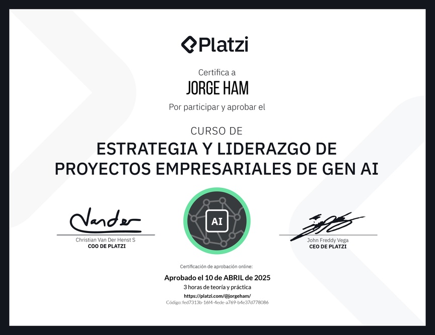 Diploma del Curso de Estrategia y Liderazgo de Proyectos Empresariales de Gen AI