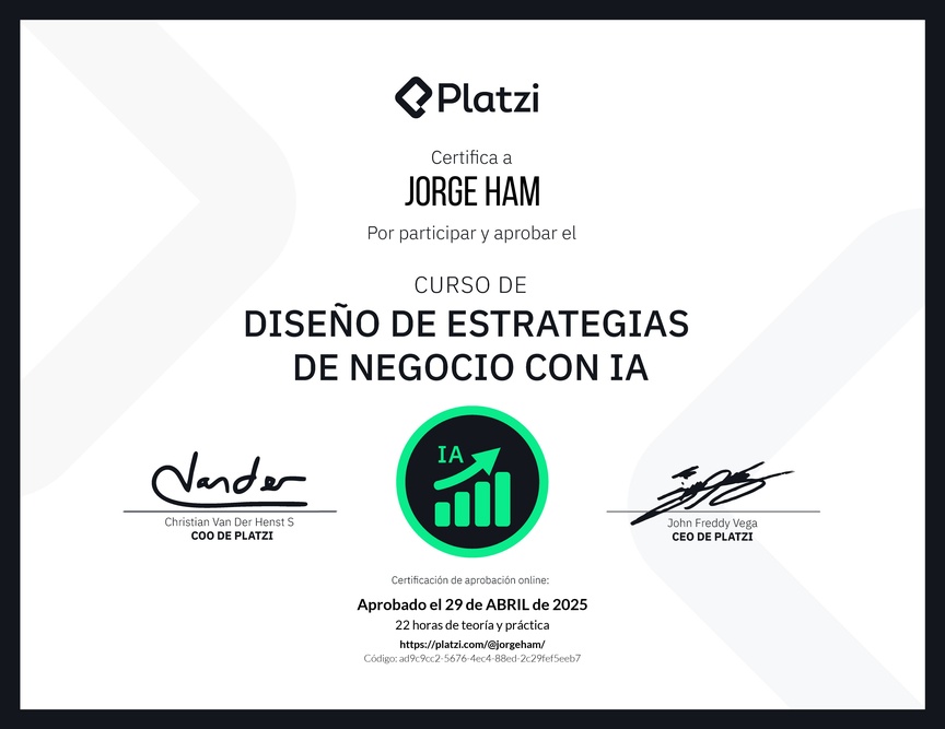 Diploma del Curso de Diseño de Estrategias de Negocio con Inteligencia Artificial: Optimización y Personalización