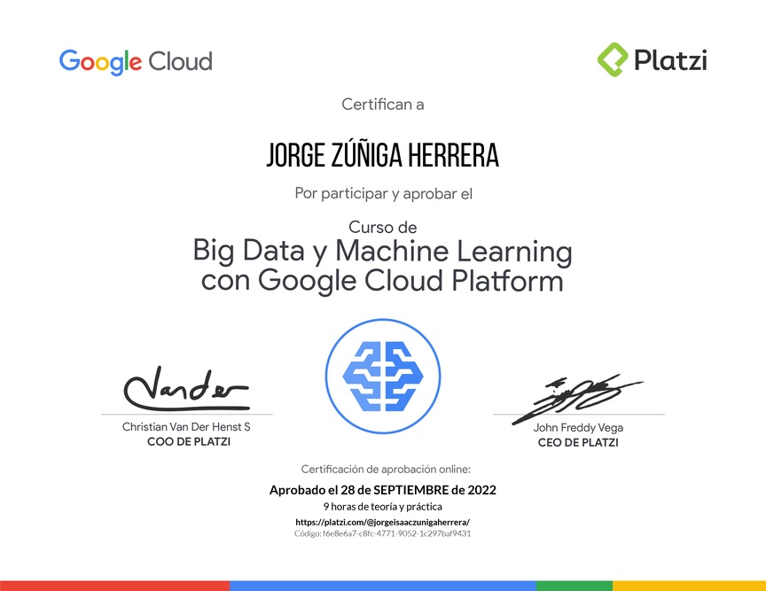 Diploma del Curso de Big Data y Machine Learning con Google Cloud Platform