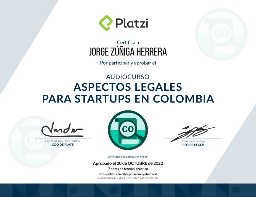 Diploma de Audiocurso Aspectos Legales para Startups en Colombia