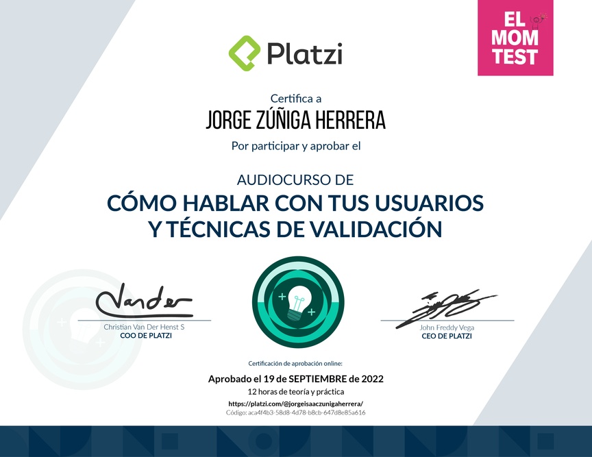 Diploma de Audiocurso Cómo Hablar Con Tus Usuarios y Técnicas de Validación
