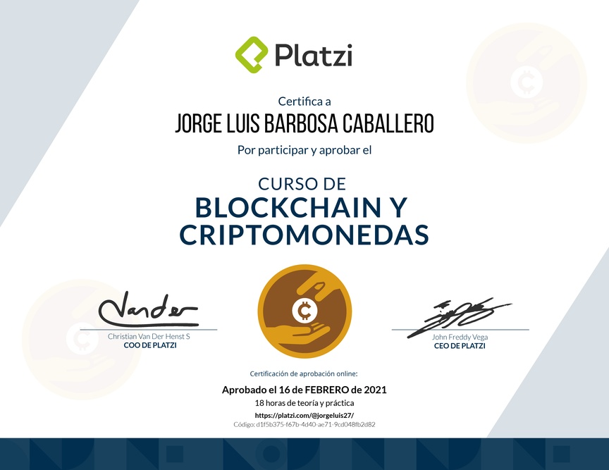 Diploma del Curso de Blockchain y Criptomonedas 2018