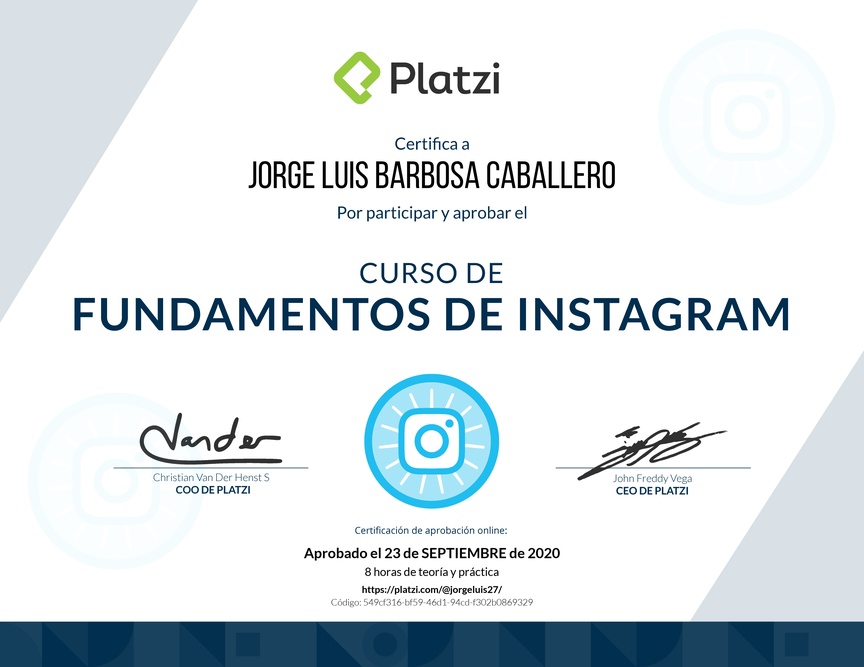 Diploma del Curso de Fundamentos de Instagram