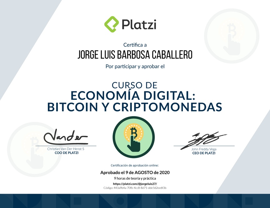 Diploma del Curso de Lectura Economía Digital: Bitcoin y Criptomonedas