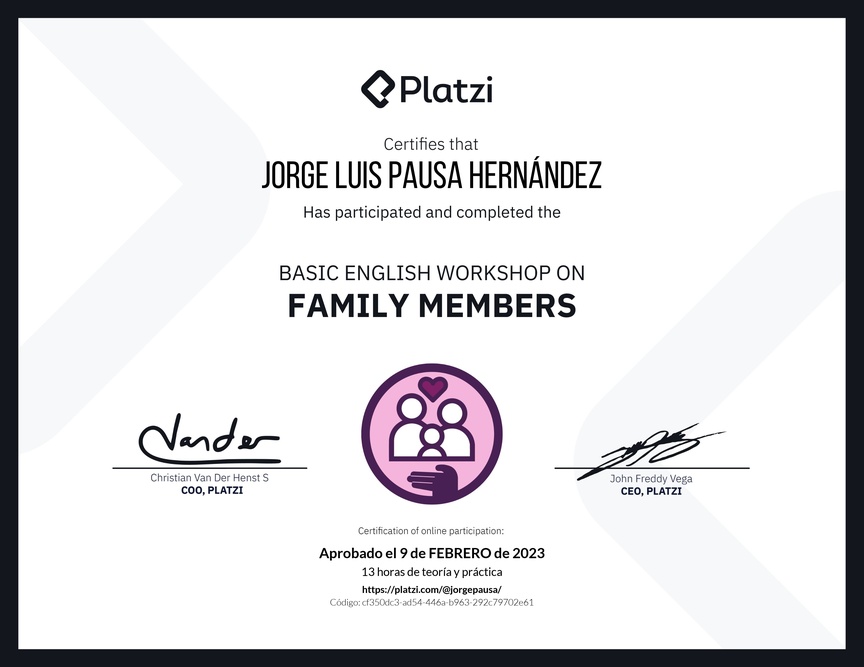 Diploma del Curso de Inglés Práctico sobre los Miembros de la Familia