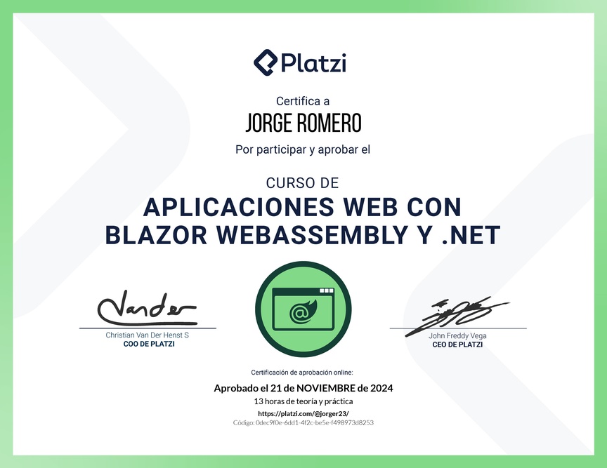 Diploma del Curso de Aplicaciones Web con Blazor WebAssembly y .NET