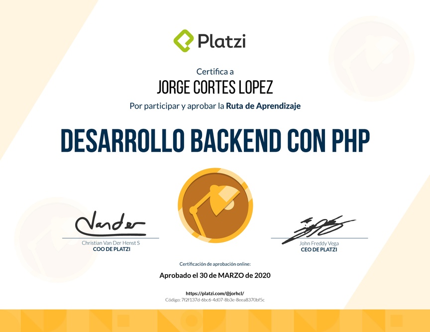Diploma de la Ruta de Aprendizaje de Desarrollo Web Backend con PHP