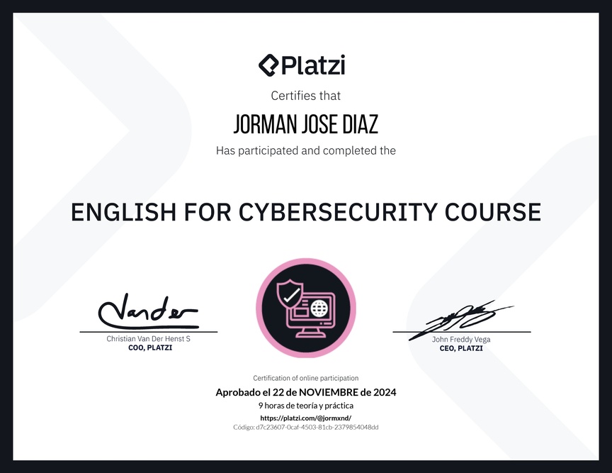 Diploma del Curso de Inglés para Ciberseguridad