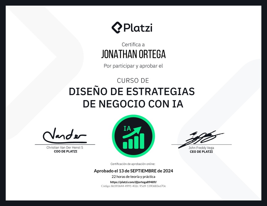 Diploma del Curso de Diseño de Estrategias de Negocio con Inteligencia Artificial: Optimización y Personalización