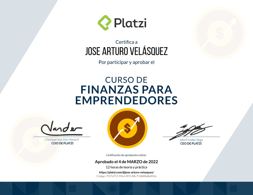 Diploma del Curso de Finanzas para Emprendedores