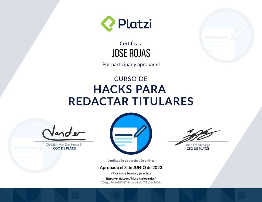 Diploma del Curso de Hacks para Redactar Titulares