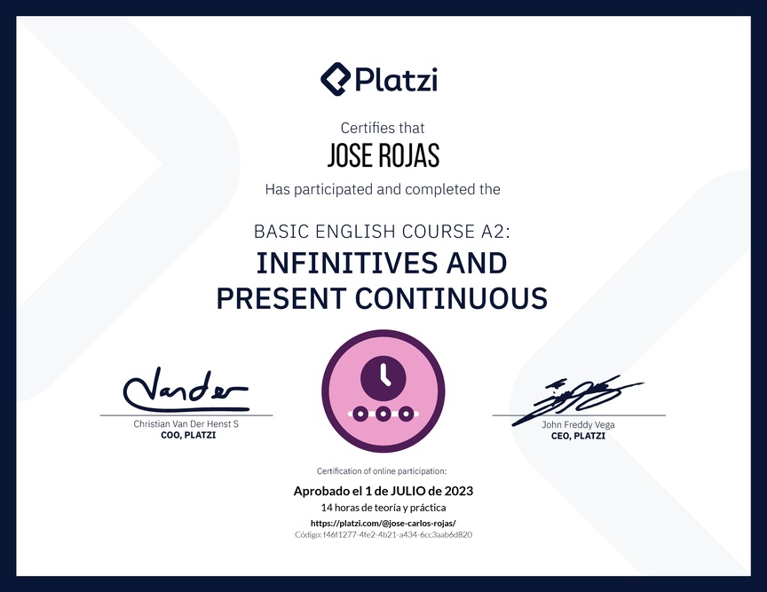 Diploma del Curso de Inglés Básico A2: Infinitivos y Presente Continuo
