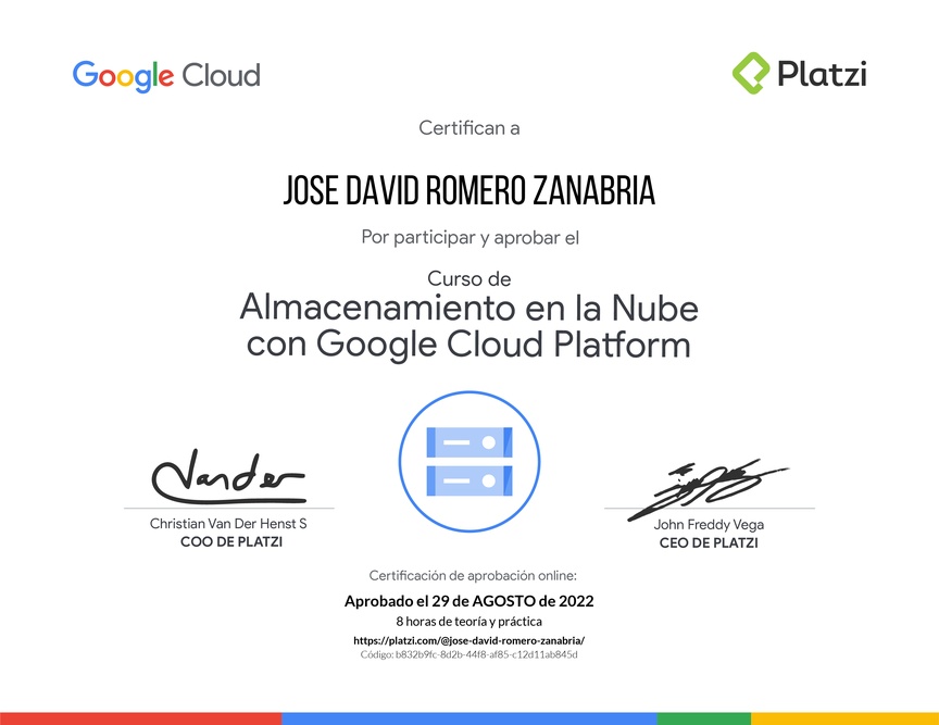 Diploma del Curso de Almacenamiento en la Nube con Google Cloud Platform