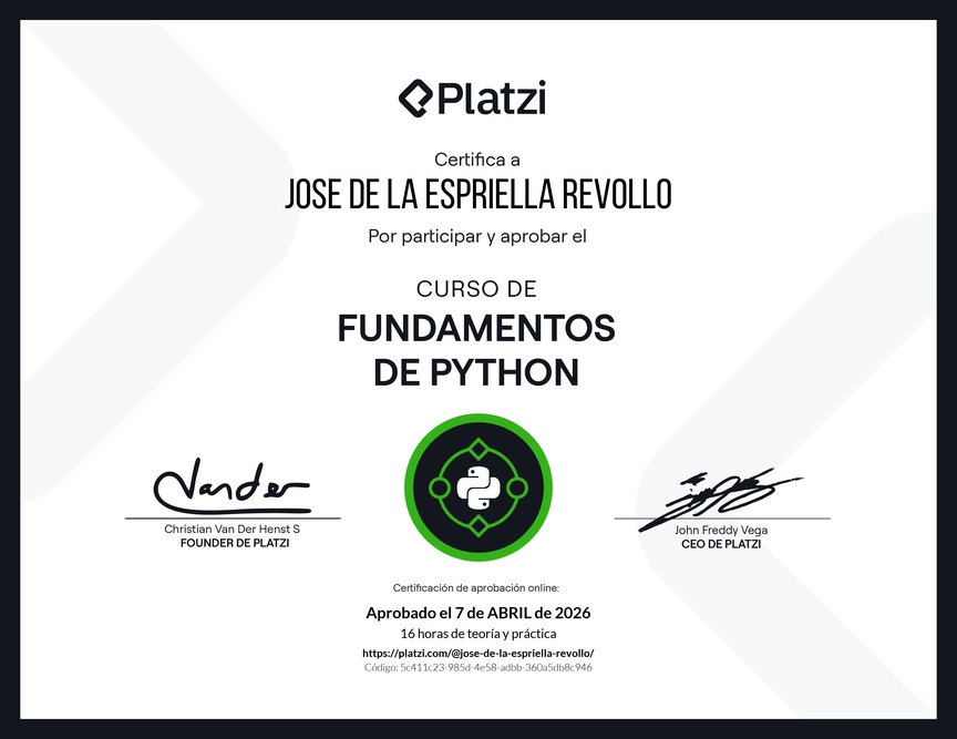 Perfil de @jose-de-la-espriella-revollo en Platzi | Diploma del Curso ...