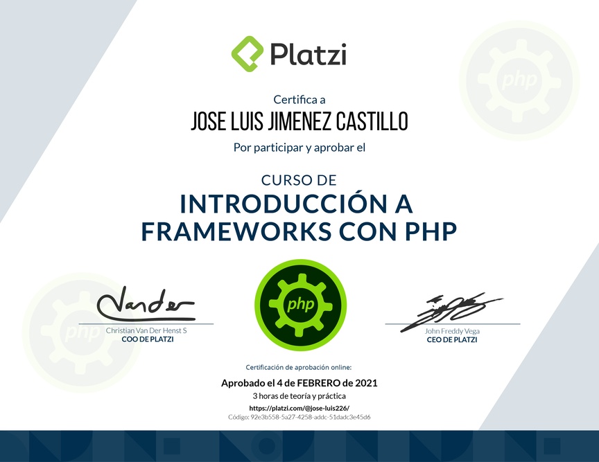 Diploma del Curso de Introducción a Frameworks de PHP