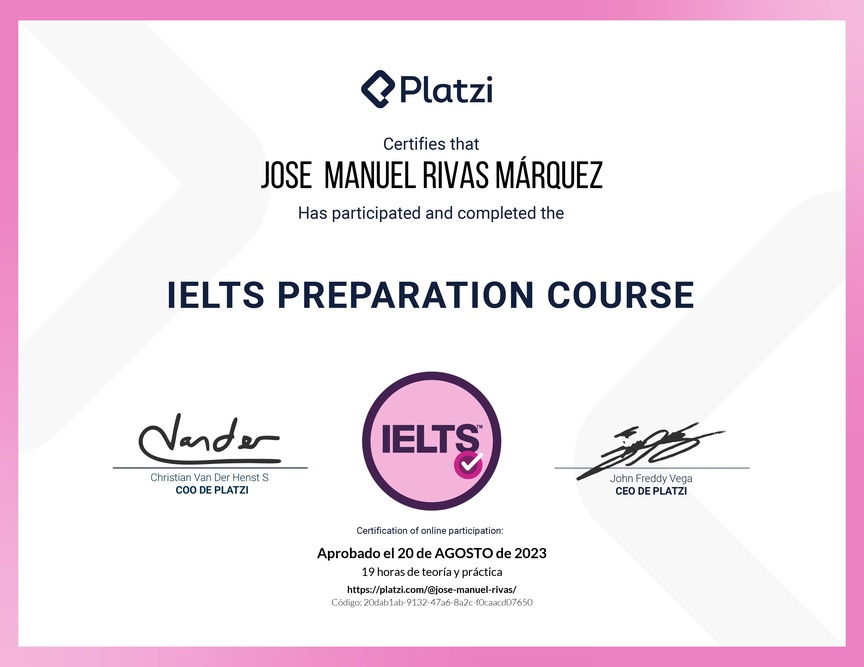 Diploma del Curso de Inglés para Preparación de IELTS (2020)
