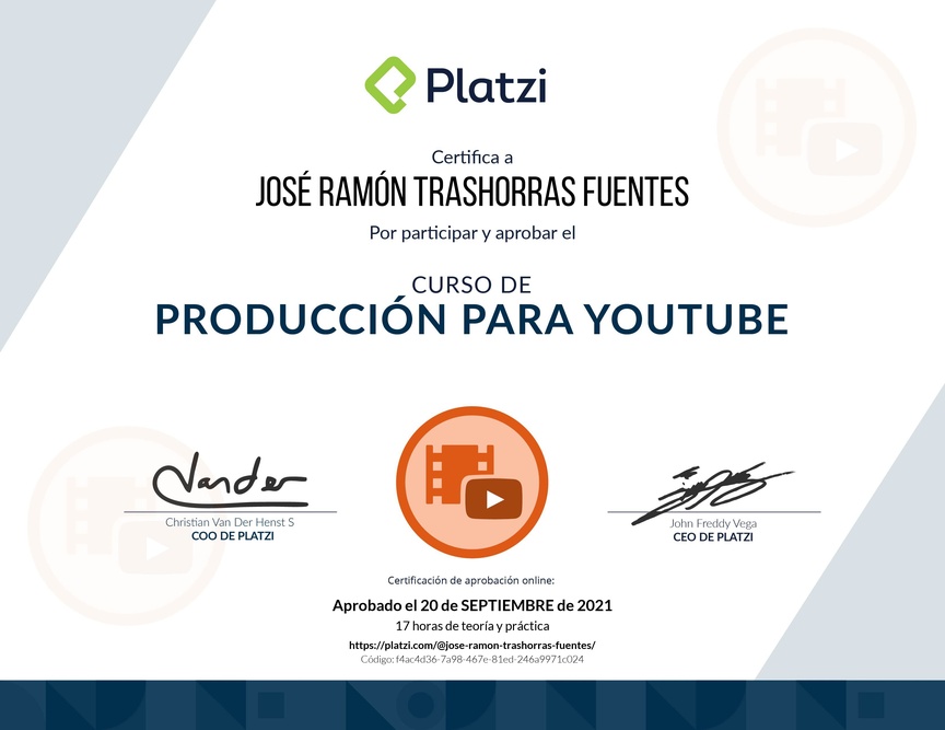 Diploma del Curso de Producción para Youtube