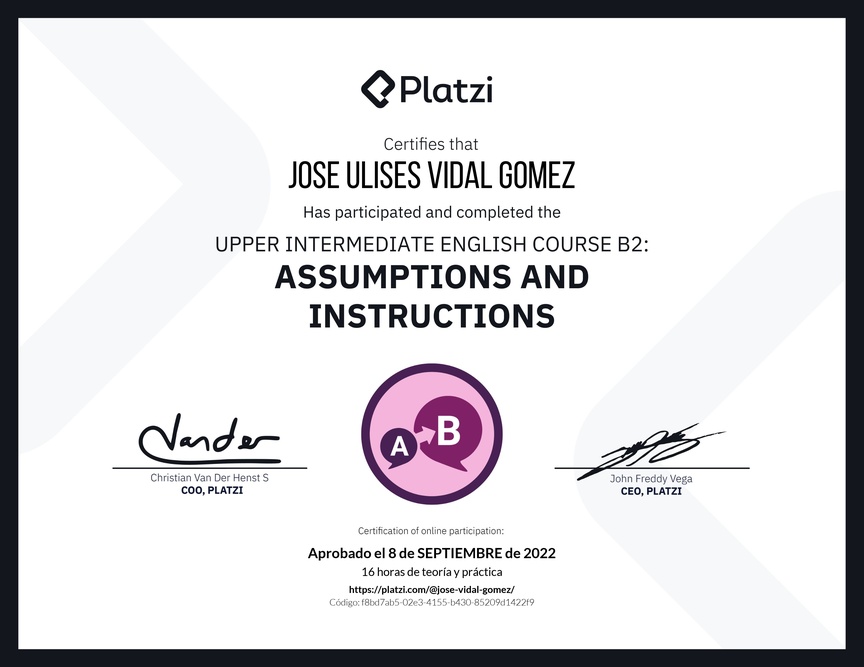 Diploma del Curso de Inglés Intermedio Alto B2: Suposiciones e Instrucciones