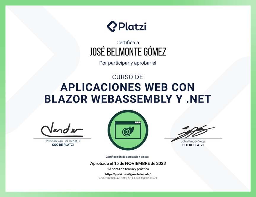 Diploma del Curso de Aplicaciones Web con Blazor WebAssembly y .NET
