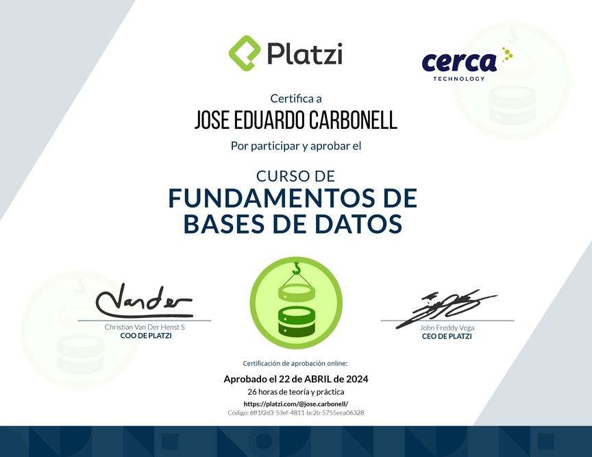 Diploma del Curso de Fundamentos de Bases de Datos 2019