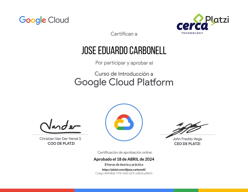 Diploma del Curso de Introducción a Google Cloud Platform