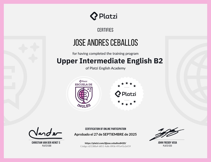 Diploma de la Ruta de Aprendizaje de Inglés Intermedio Alto B2