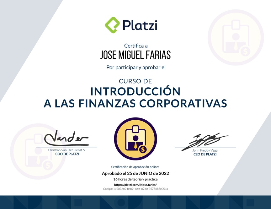Diploma del Curso de Introducción a las Finanzas Corporativas