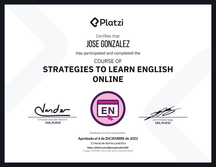 Diploma del Curso Gratis de Estrategias para Aprender Inglés en Línea
