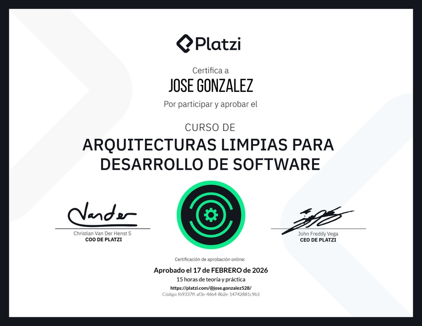Diploma del Curso de Arquitecturas Limpias para Desarrollo de Software
