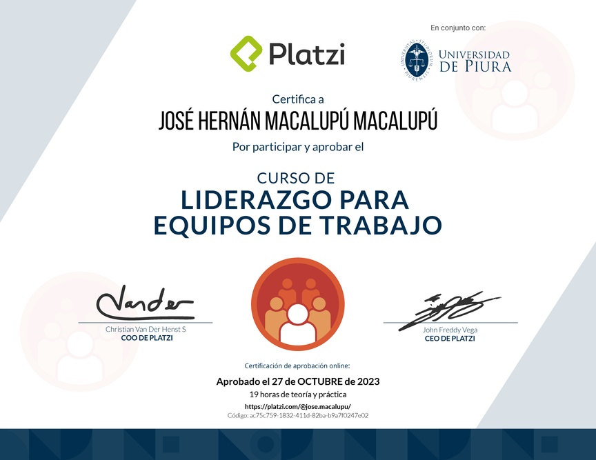 Diploma del Curso de Liderazgo para Equipos de Trabajo