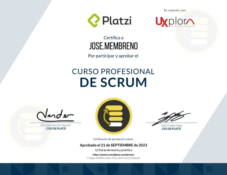 Diploma del Curso Profesional de Scrum