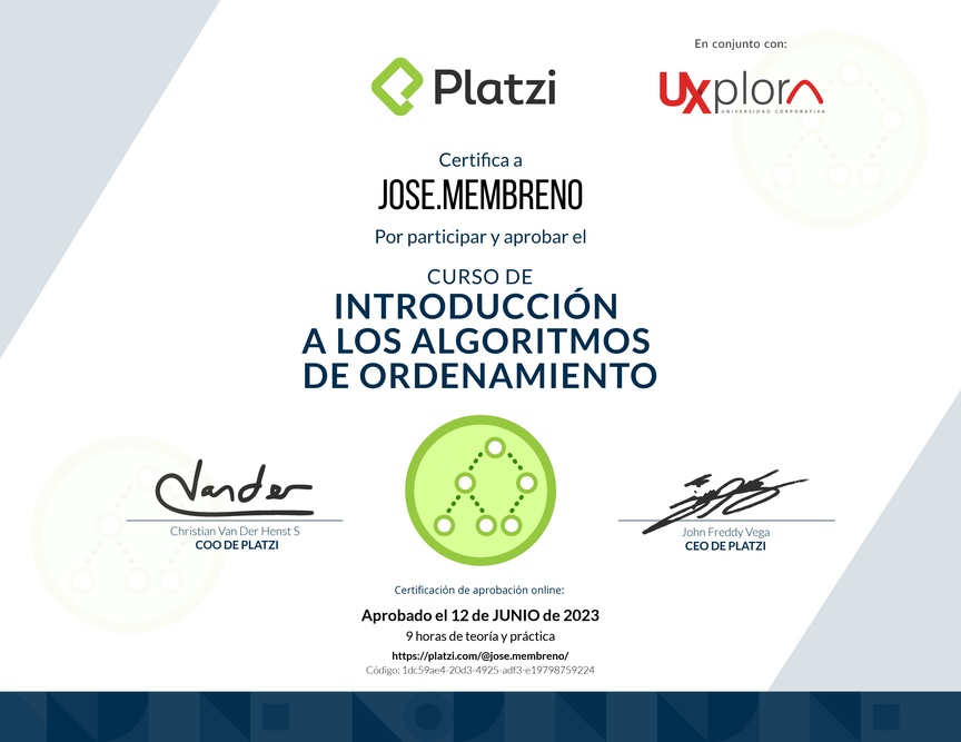 Diploma del Curso de Introducción a los Algoritmos de Ordenamiento
