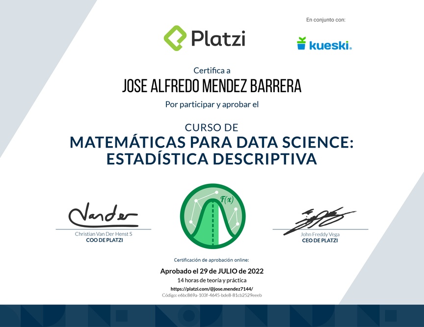 Diploma del Curso de Matemáticas para Data Science: Estadística Descriptiva