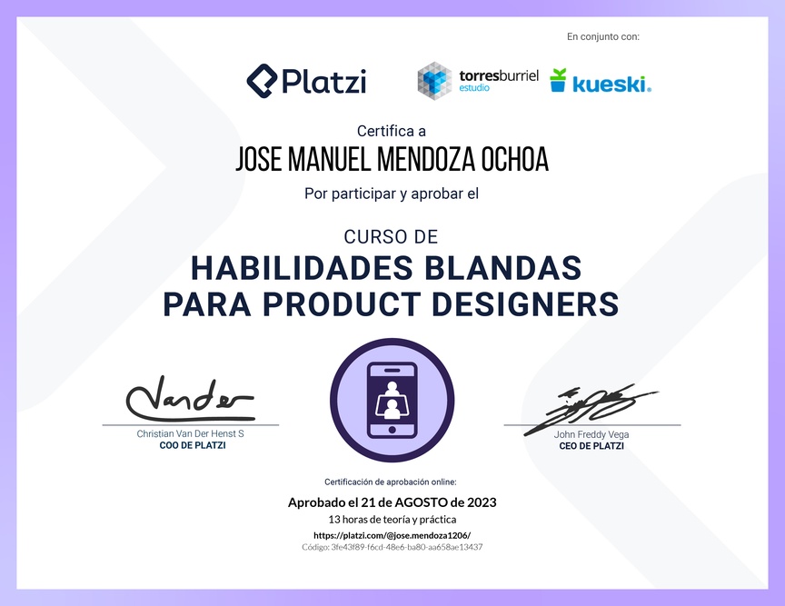 Diploma del Curso de Habilidades Blandas para Product Designers