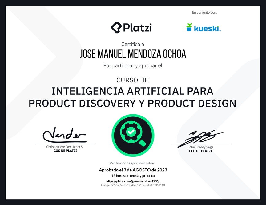 Diploma del Curso de Inteligencia Artificial para Product Discovery y Product Design: Herramientas y Técnicas