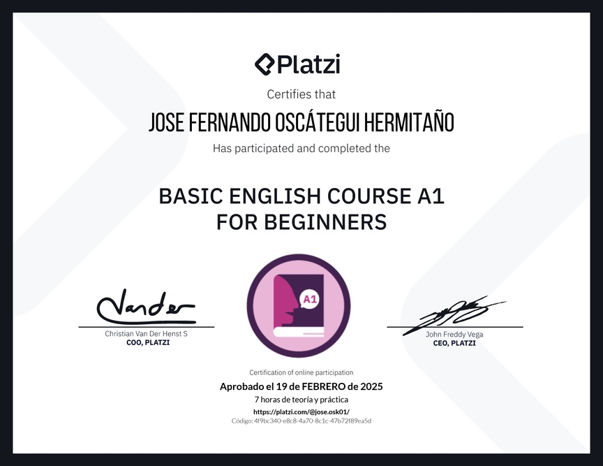 Diploma del Curso de Inglés Básico A1 para Principiantes