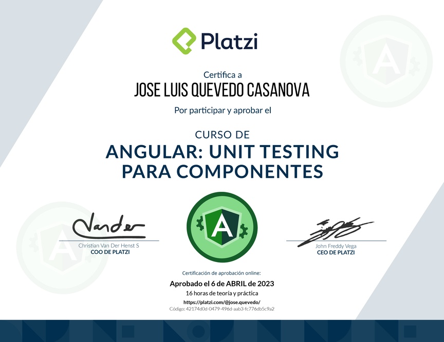 Diploma del Curso de Angular: Unit Testing para Componentes