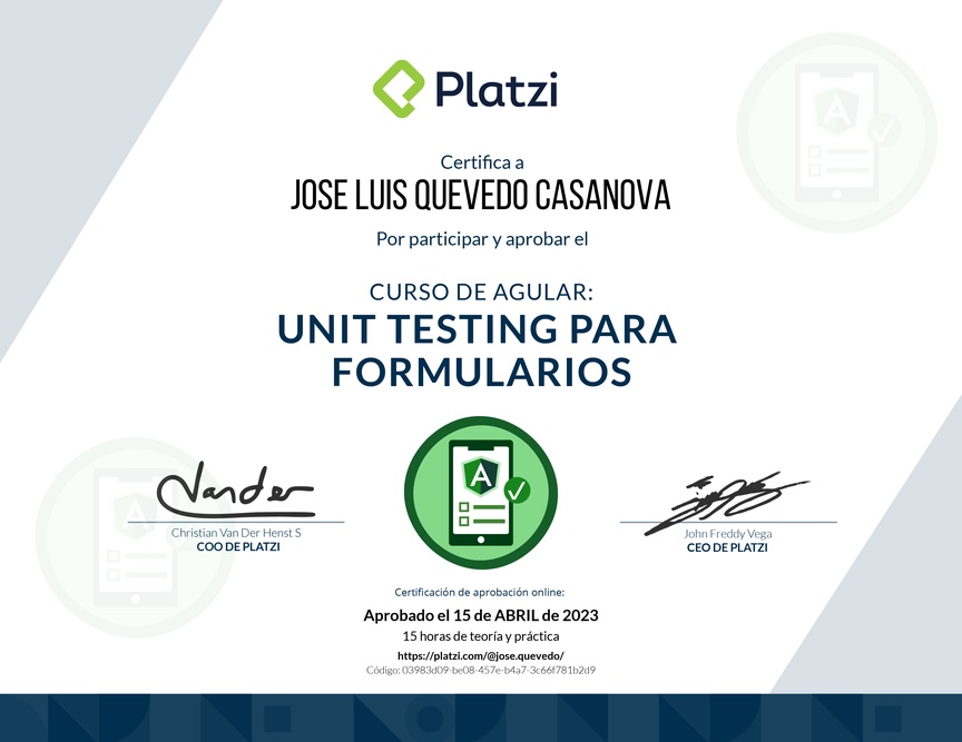 Diploma del Curso de Angular: Unit Testing para Formularios
