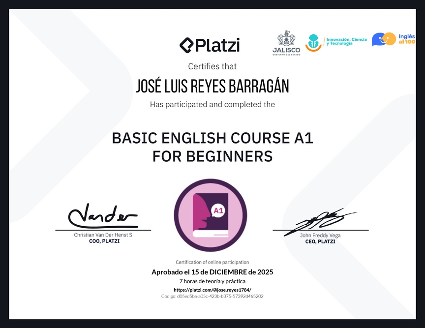 Diploma del Curso de Inglés Básico A1 para Principiantes
