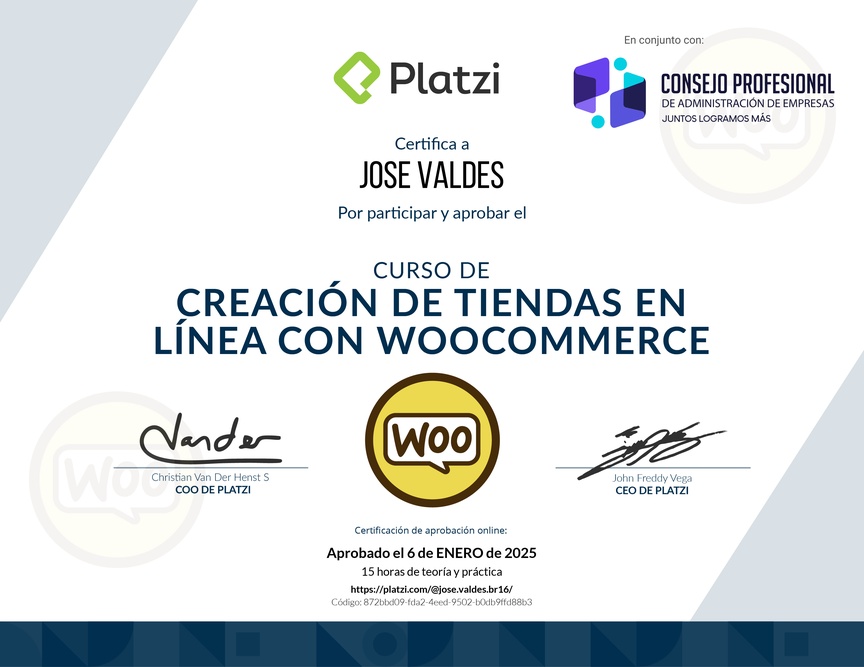 Diploma del Curso de Creación de Tiendas en Línea con WooCommerce