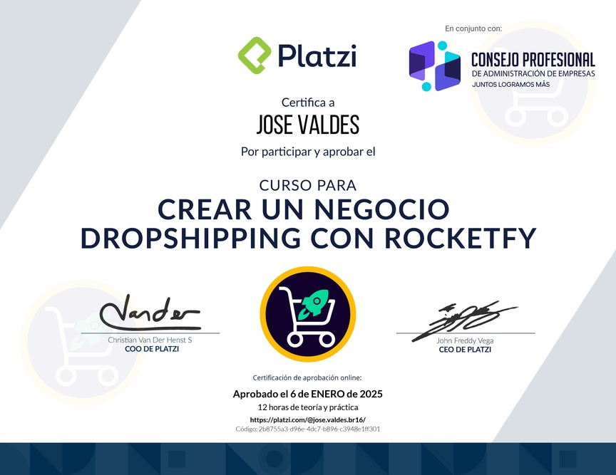 Diploma del Curso para Crear un Negocio Dropshipping con Rocketfy