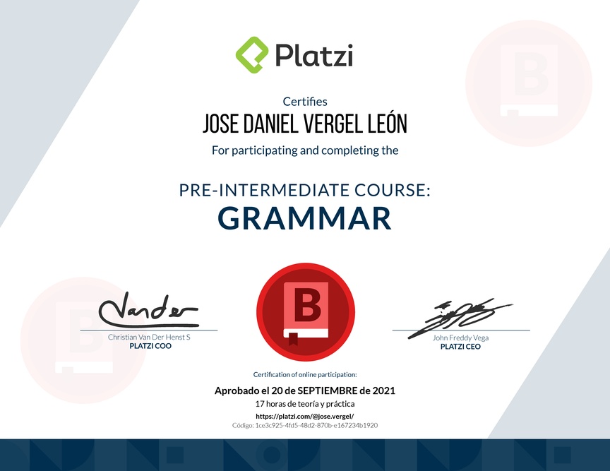 Diploma del Curso de Inglés Práctico: Gramática 2019
